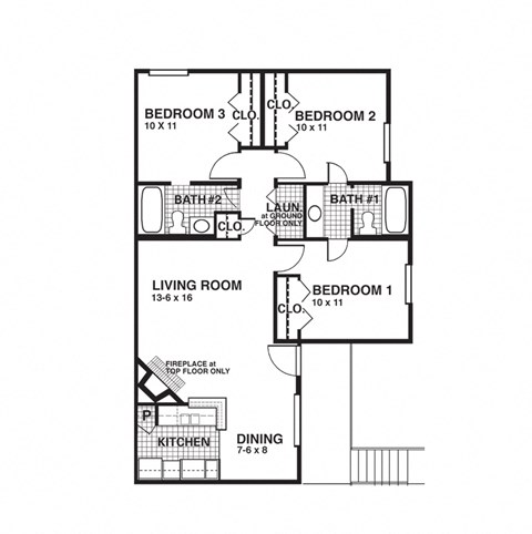 Floor plan for 3 beds, 2 baths, 987 sqft